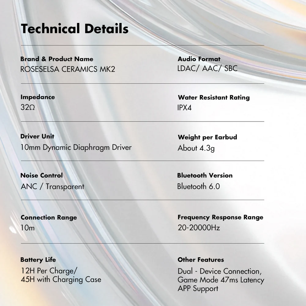 Auriculares inalámbricos ROSESELSA CERAMICS MK2, cancelación activa de ruido, Bluetooth 6.0, LDAC, IPX4, 45 horas de reproducción. - Imagen 10