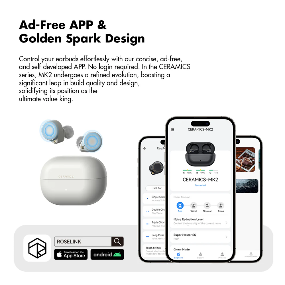 Auriculares inalámbricos ROSESELSA CERAMICS MK2, cancelación activa de ruido, Bluetooth 6.0, LDAC, IPX4, 45 horas de reproducción. - Imagen 9